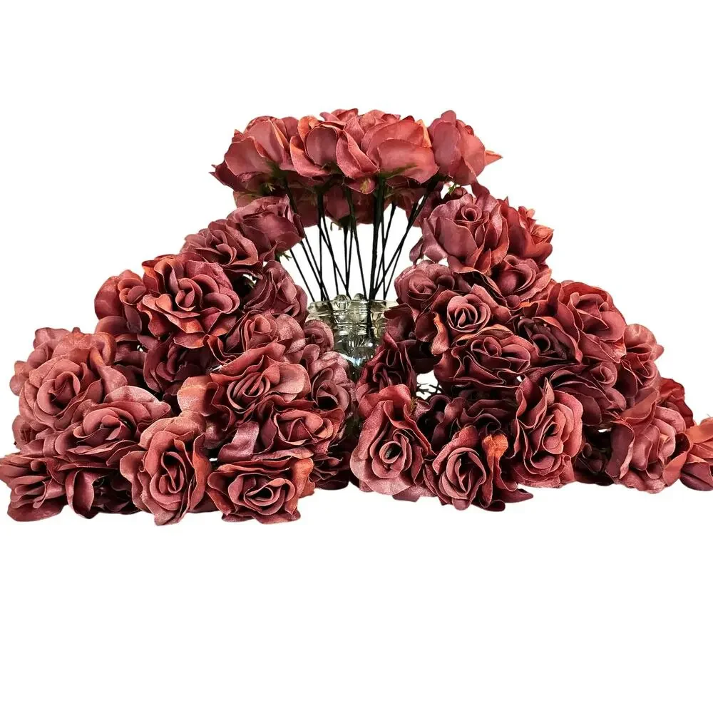 Mauve Pink Satin Open Rose Stems Artificial Flowers Wedding Craft 2.5